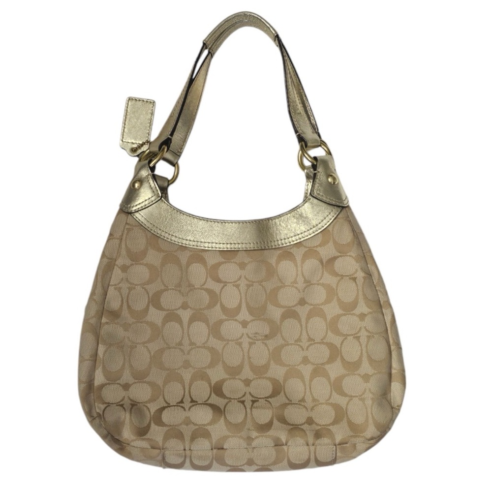 Coach Soho Signature Handbag Soho Light Khaki Gold lilac interior euc - Picture 2 of 7